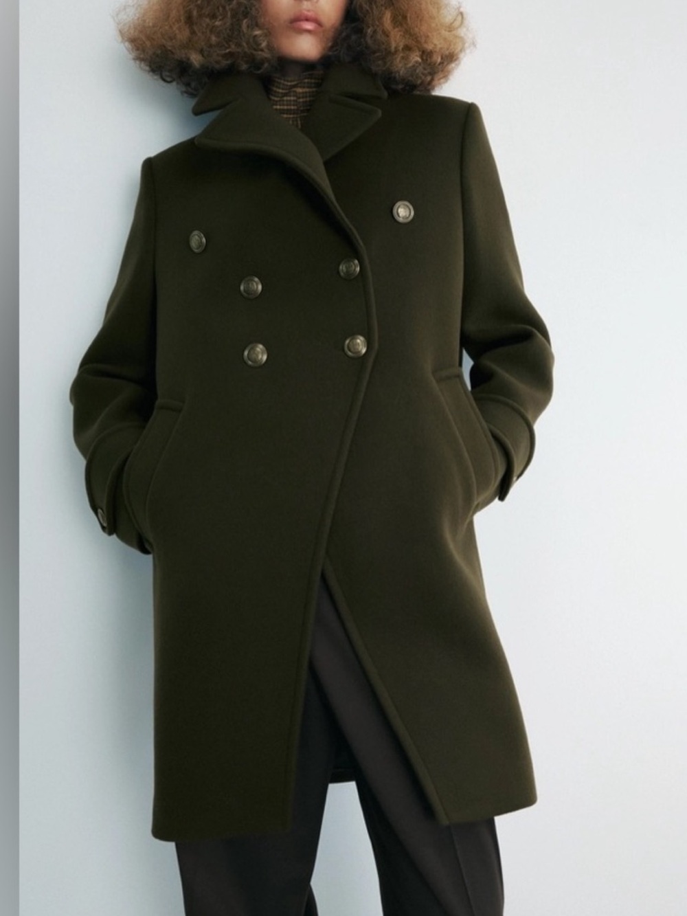 Zara Wool Double-Breasted Pea Coat in Olive Green- new with tags